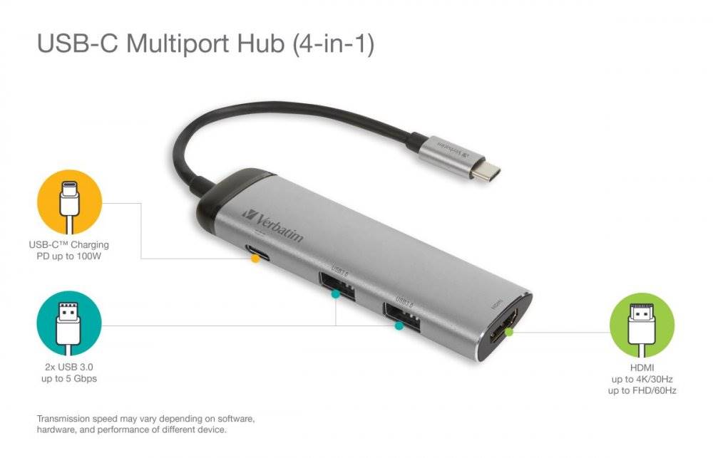Verbatim  USB-C dokovací stanice na USB-C 3.1, 2x USB-A 3.0 a HDMI, značky Verbatim