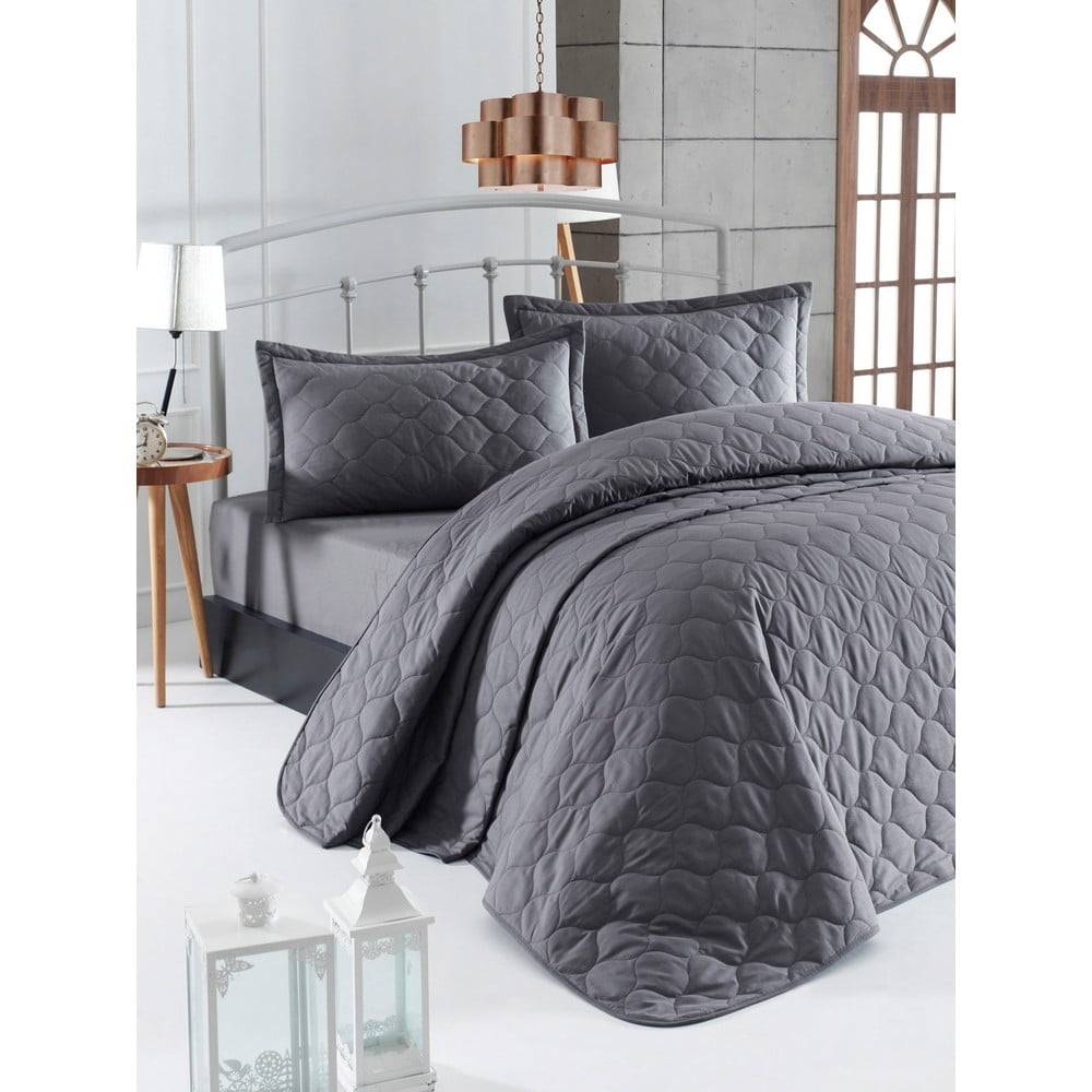 EnLora Home Tmavosivá prikrývka cez posteľ s 2 obliečkami na vankúš z ranforce bavlny  Fresh, 225 x 240 cm, značky EnLora Home