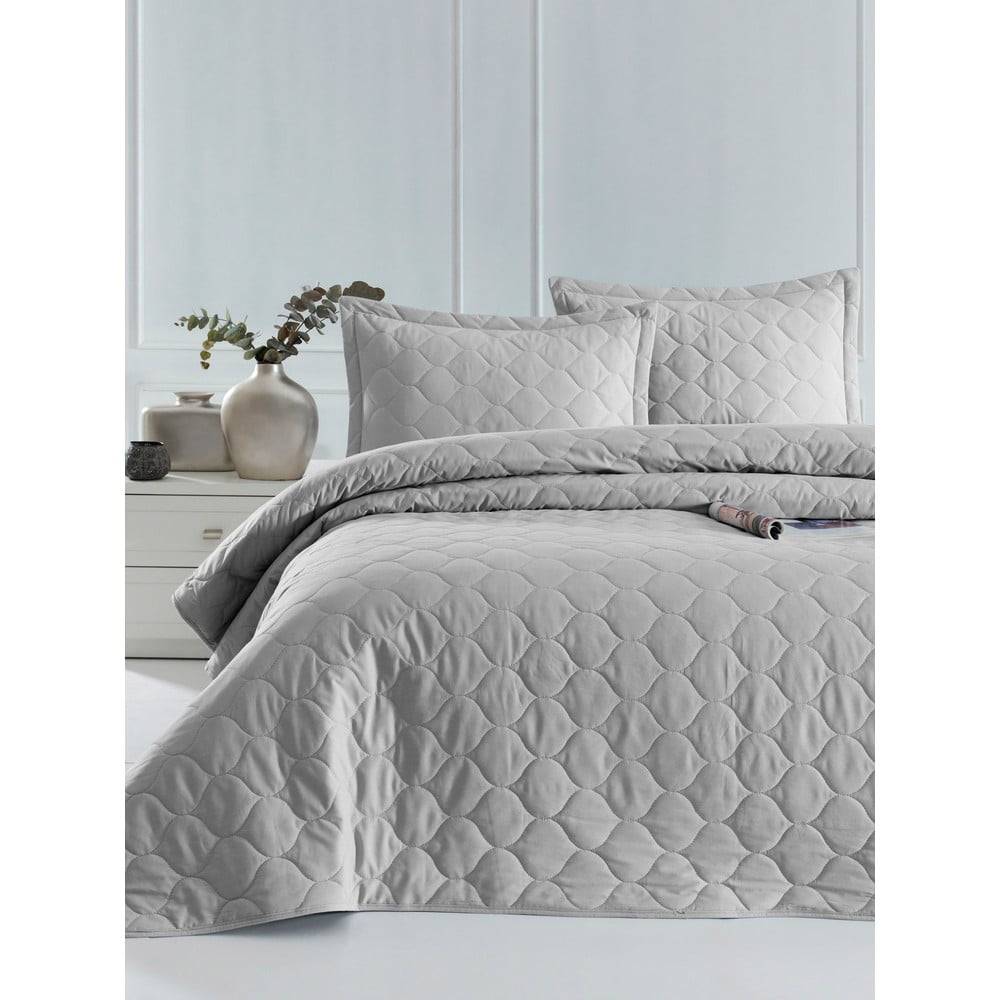 EnLora Home Svetlosivá prikrývka cez posteľ s 2 obliečkami na vankúš z ranforce bavlny  Fresh, 225 x 240 cm, značky EnLora Home