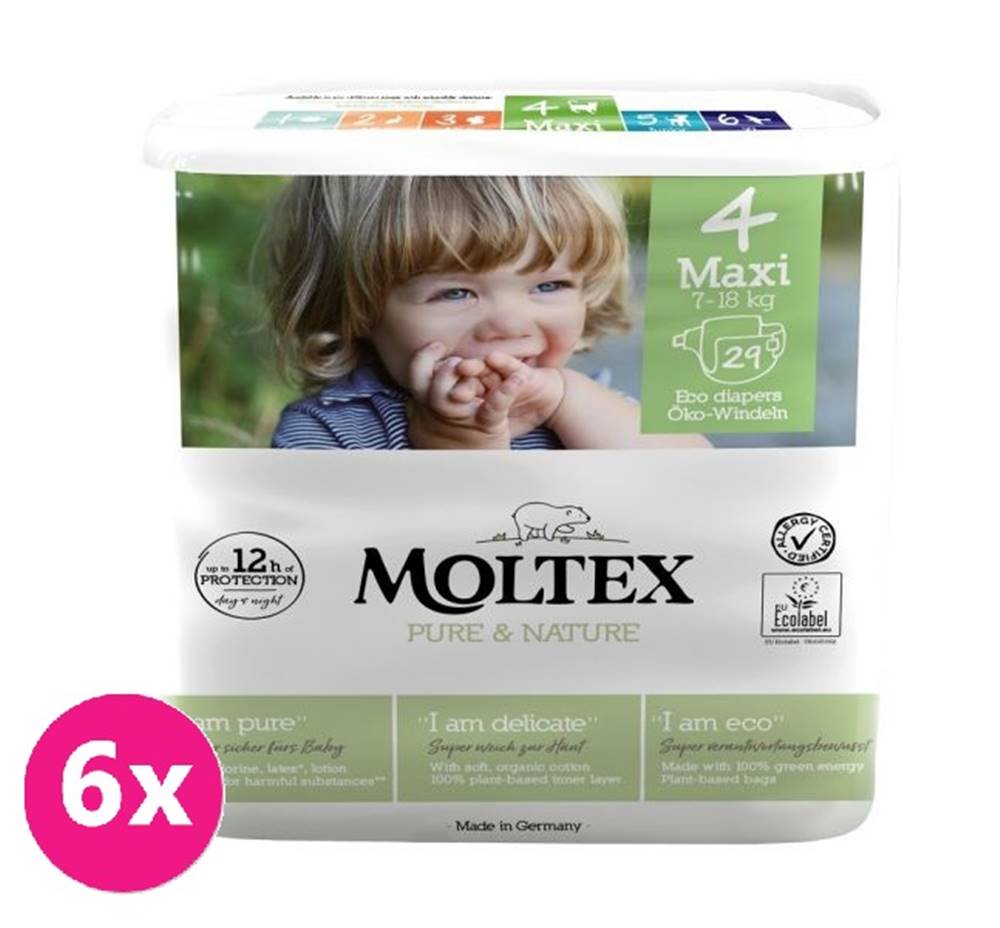 MOLTEX 6x  Pure&Nature Plienky jednorazové 4 Maxi (7-18 kg) 29 KS - ECONOMY PACK, značky MOLTEX