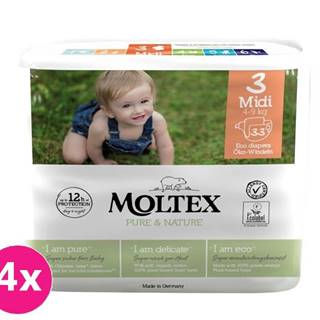 MOLTEX 4x  Pure & Nature Plienky jednorazové 3 Midi (4-9 kg) 33 ks - ECONOMY PACK, značky MOLTEX