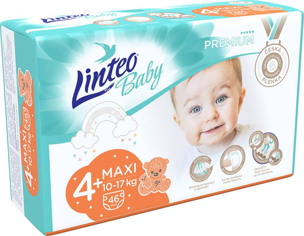 LINTEOBABY LINTEO BABY Premium Plienky jednorazové 4+ MAXI+ (10-17 kg) 46 ks, značky LINTEOBABY