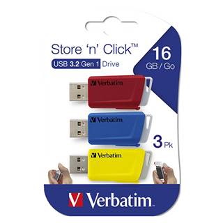 Verbatim USB flash disk, USB 3.0, 16GB, Store N Click, mix farieb, 49306, USB A, s výsuvným konektorom, 3ks