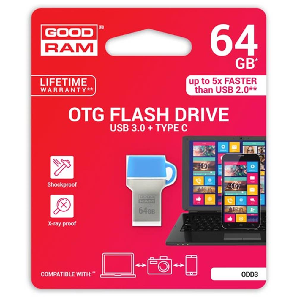 GOODRAM Goodram USB flash disk OTG, USB 3.0, 64GB, ODD3, modrý, ODD3-0640B0R11, USB A / USB C, s krytkou, značky GOODRAM