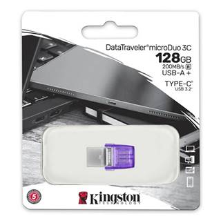 Kingston USB flash disk OTG, USB 3.0, 128GB, Data Traveler microDuo3 G2, strieborno-fialový, DTDUO3CG3/128GB, USB A / USB C