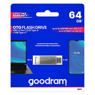 Goodram USB flash disk, USB 3.0, 64GB, ODA3, strieborný, ODA3-0640S0R11, USB A / USB C, s otočnou krytkou