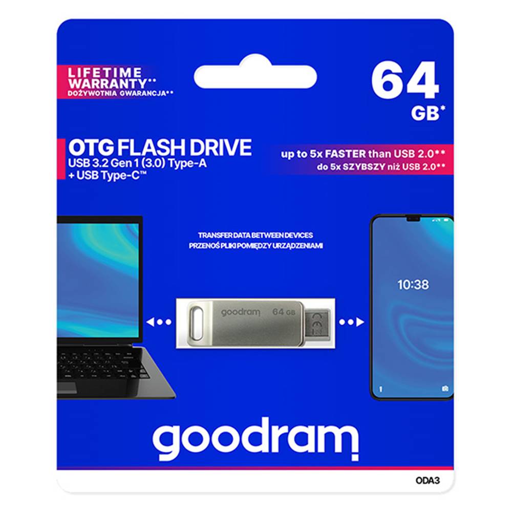 GOODRAM Goodram USB flash disk, USB 3.0, 64GB, ODA3, strieborný, ODA3-0640S0R11, USB A / USB C, s otočnou krytkou, značky GOODRAM