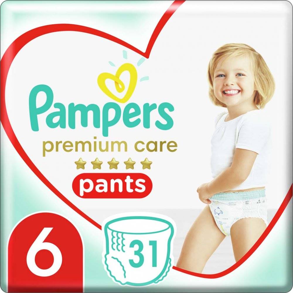 PAMPERS  Premium Care Pants Nohavičky plienkové jednorazové 6 (16 kg+) 31 ks, značky PAMPERS