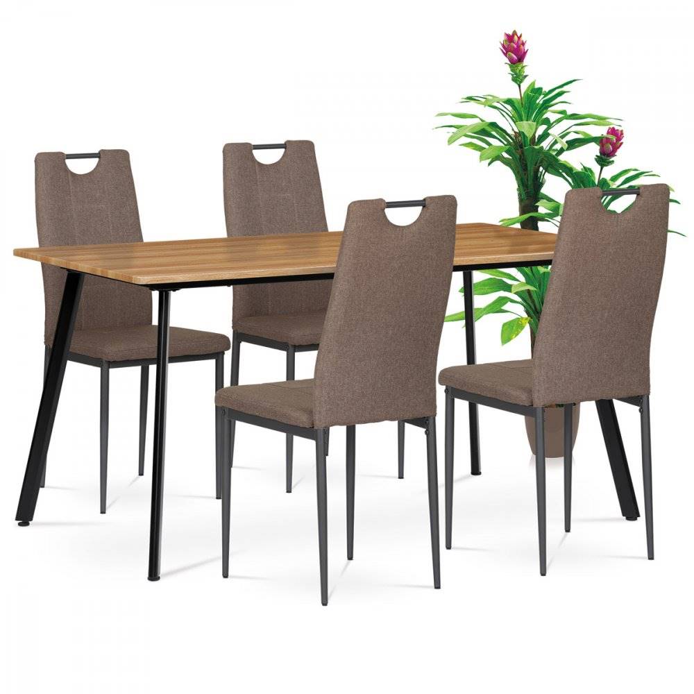 AUTRONIC  VENUS BR Jedálenský set 1+4, stôl 150x80 cm, MDF. dekor medový dub, kov - čierny lak, stoličky poťah hnedá látka, kov - antracito, značky AUTRONIC