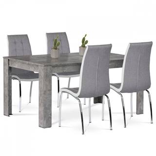 AUTRONIC JUPITER Jedálenský set 1+4, stôl 160x90 cm, MDF, dekor betón, stolička poťah sivá látka a biela ekokoža, kov - chróm