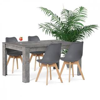 AUTRONIC  URAN Jedálenský set 1+4, stôl 160x90 cm, MDF, dekor betón, stolička sivý plast, sivá ekokoža, nohy masív buk, prírodný odtieň, značky AUTRONIC