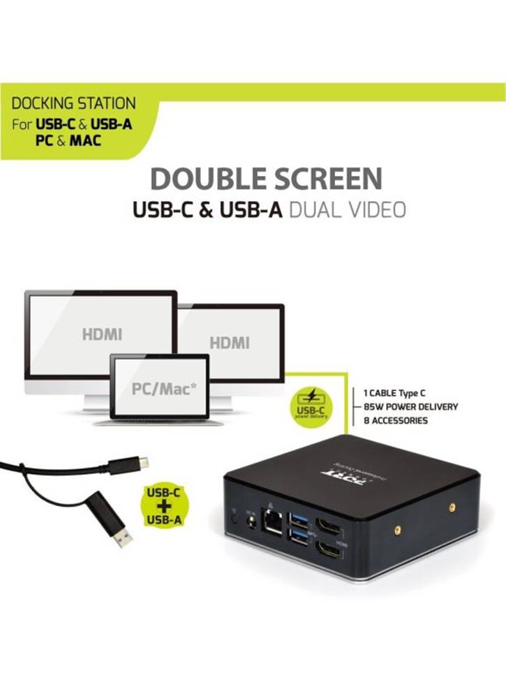 PORT DESIGNS PORT CONNECT Dokovací stanice 8v1 USB-C, USB-A, dual video, HDMI, Ethernet, audio, USB 3.0, značky PORT DESIGNS