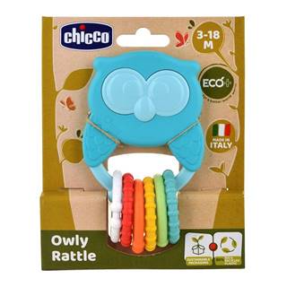 CHICCO  Hryzačka s hrkálkou so senzorickými krúžkami Eco+ Sova Owly 3m+, značky CHICCO