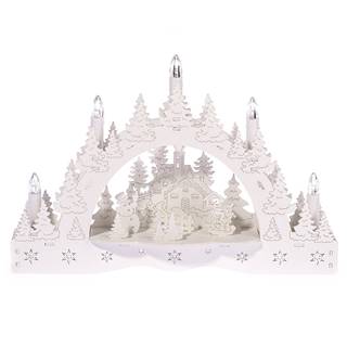 Vianočný LED svietnik Zimná krajina, kostol a kŕmidlo, 35 x 23 x 7,5 cm