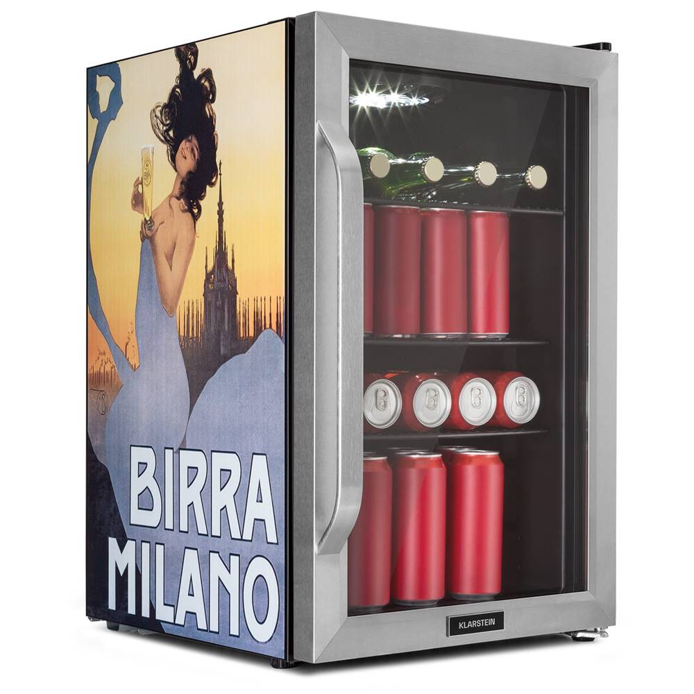Klarstein  Beersafe 70, Birra Milano Edition, chladnička, 70 litrov, 3 police, panoramatické sklenené dvere, nerezová oceľ, značky Klarstein