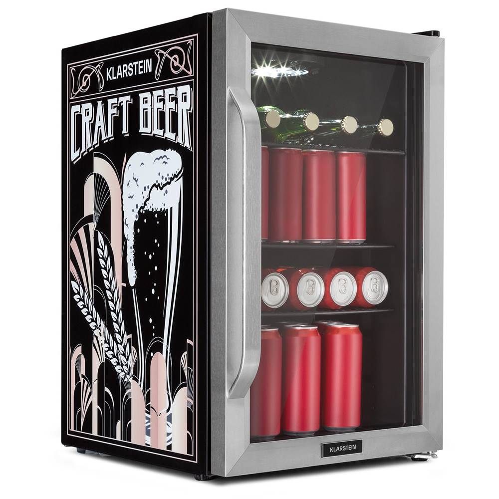 Klarstein  Beersafe 70, Craft Beer Edition, chladnička, 70 litrov, 3 police, panoramatické sklenené dvere, nerezová oceľ, značky Klarstein