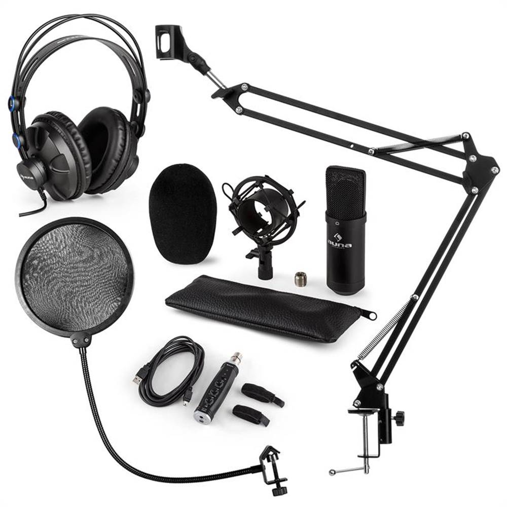 Auna  CM001B mikrofónová sada V4 slúchadlá, kondenzátorový mikrofón, USB adaptér, mikrofónové rameno, pop filter, značky Auna