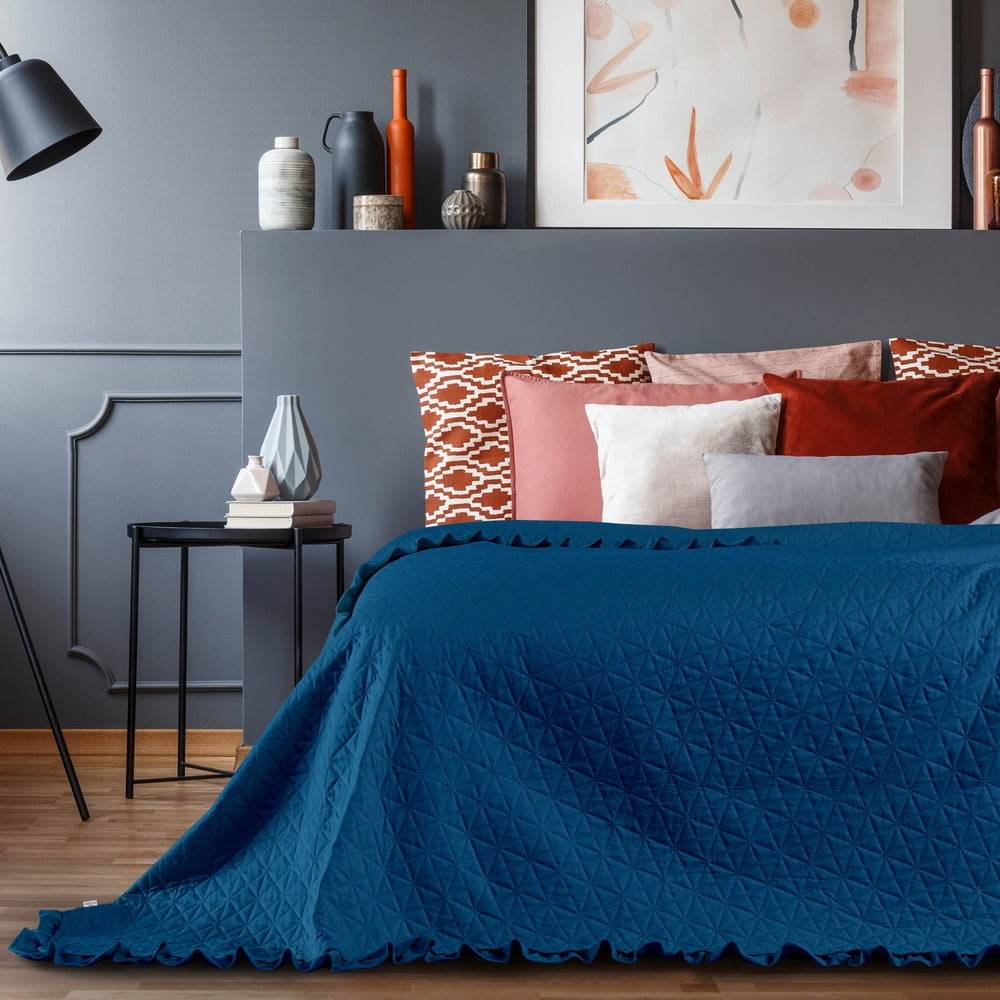 AmeliaHome Modrý pléd cez posteľ  Tilia, 260 x 240 cm, značky AmeliaHome