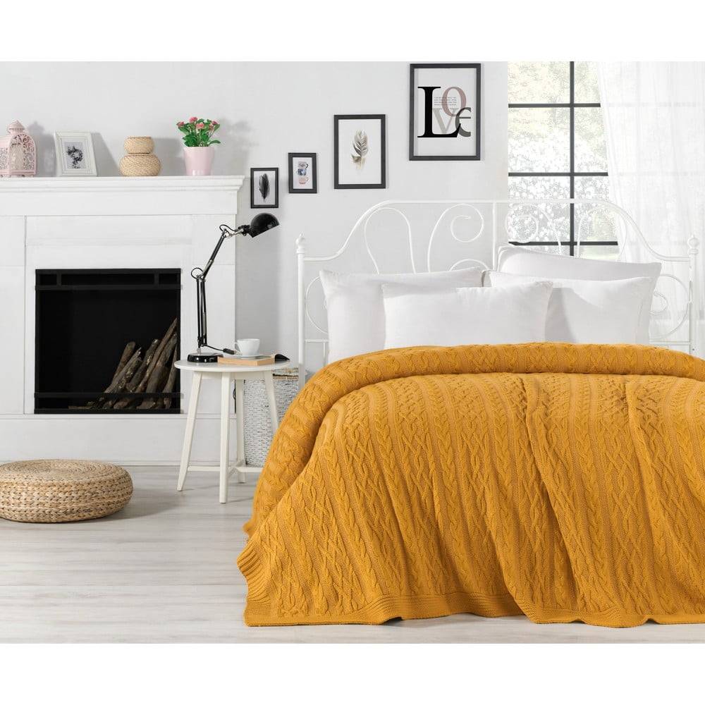 Homemania Horčicovožltá prikrývka cez posteľ Knit, 220 x 240 cm, značky Homemania